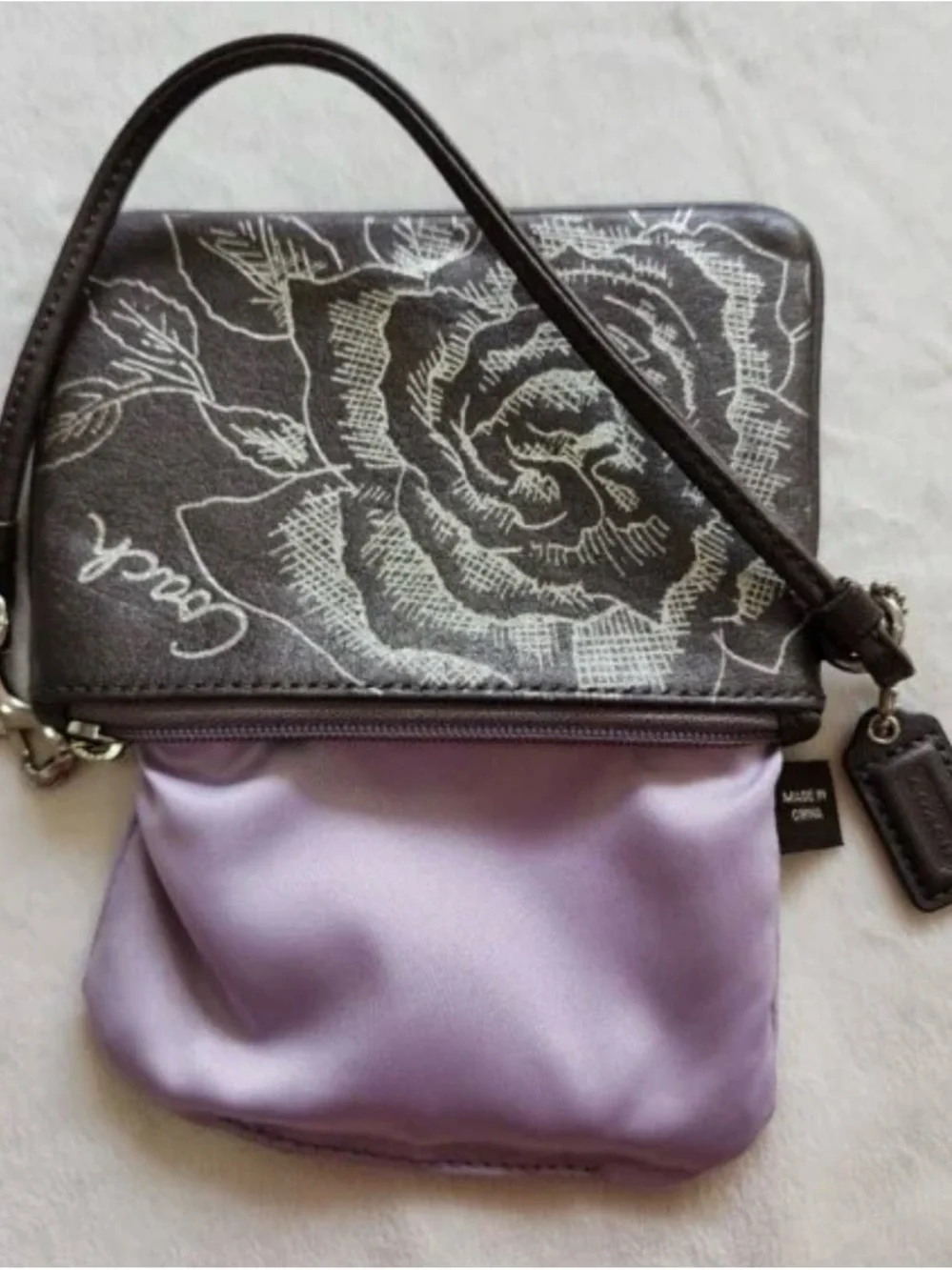 Coach Hematite Grey Floral script Wristlet Pouch RARE - EUC serial #43785